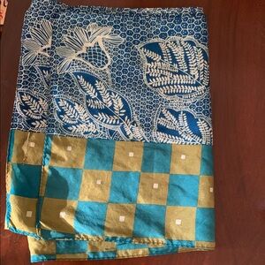Long Silk Scarf in Teal, Mustard, Navy & White Pattern 68” x 10”